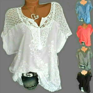 Plus Size Womens Summer Short Sleeve T Shirt Tops Tee Ladies Plain Lace Blouse - Picture 1 of 13