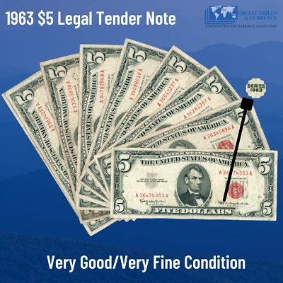 ✔ One 1963 Red Seal $5 Legal Tender Notes, VG/VF, Old US FIVE Dollars Bill - Image 1 of 2