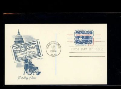 Tarjeta postal #UX51 1964 4c Seguridad Social Azul Washington DC Artmaster FDC Foto 1 de 2