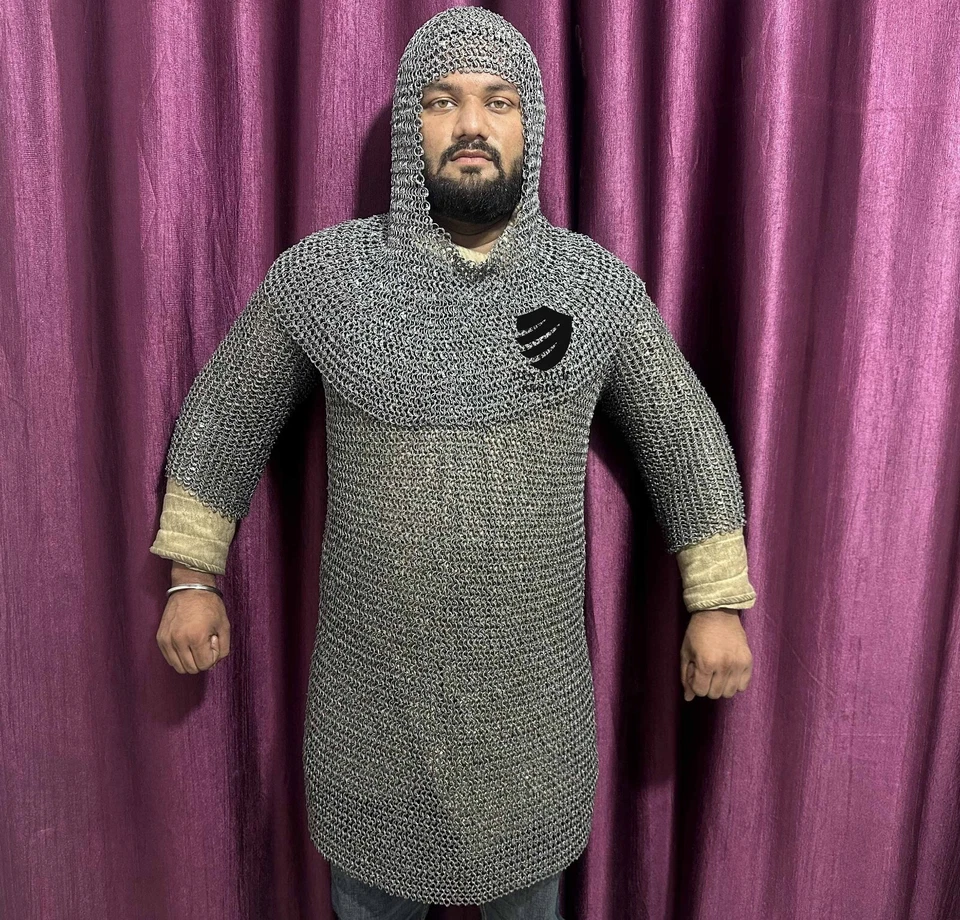 Medieval 8 mm Mild Steel Round Ring Riveted Half Sleeve Chainmail Shirt and Coif - Image 1 of 4
