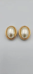 Christian Dior Earrings Pearl Gold Large Studs Clip on Vintage 1980s Authentic - Picture 1 of 4