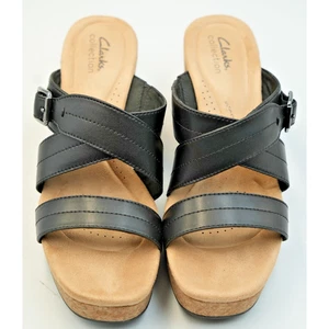 Clarks Collection Nerisa Holly Black Leather Wedge Sandals Size 9M New - Picture 1 of 7