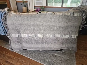 Vintage 70s Mexican Serape Wool 48” x 56” Tan Black Grey Blanket / Throw / Shawl - Picture 1 of 3