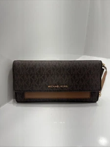 Michael Kors Jet Set Small Leather Crossbody Wallet Purse MK Signature Brown - Picture 1 of 9