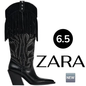 ๐๏ธ New ZARA fringed studded cowboy boots in black - 6.5 - Picture 1 of 24