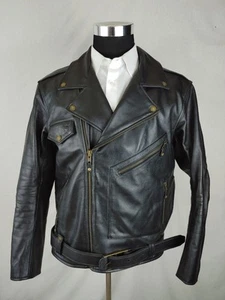 Highway 21 Leather Motorcycle Jacket Men's Large Black Biker Moto Belted Thick - Picture 1 of 18