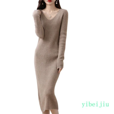 Suéteres largos de cachemir otoño calce ajustado vestido tejido lana cuello en V para mujer Foto 1 de 4