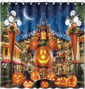 Halloween Shower Curtain for Bathroom Kids Cartoon Pumpkin Wizard Hat Moon Castl - Picture 1 of 12
