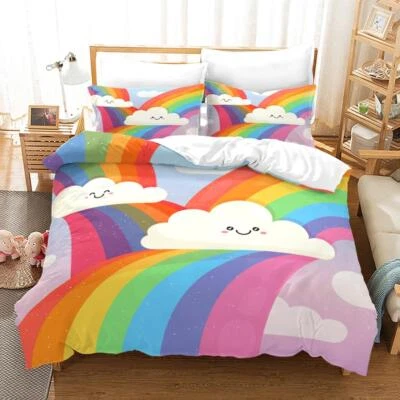 Rainbow Cartoons Quilt Duvet Cover Set 2/3Pcs Kids Bedspread Single Double Size - Image 1 of 4