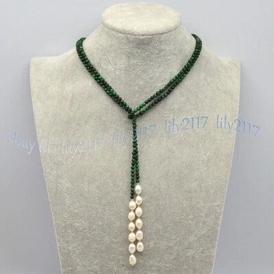 4mm Natural Multicolor Tiger's Eye 7-8mm White Freshwater Pearl Necklace 50'' - Image 1 of 4