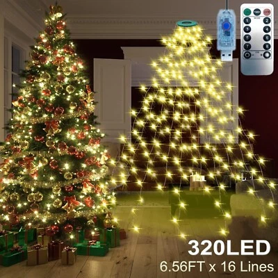 Christmas Tree Waterfall String Lights 320 LED 2m*16 Lines USB Xmas Decor Remote - Image 1 of 4