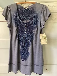 One World Blue Short Flutter Sleeve Paisley Pintucked Henley Medium Top NWT - Picture 1 of 6