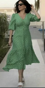 Zara Green Polka Dot V Neck Midi Dress Size L - Picture 1 of 9
