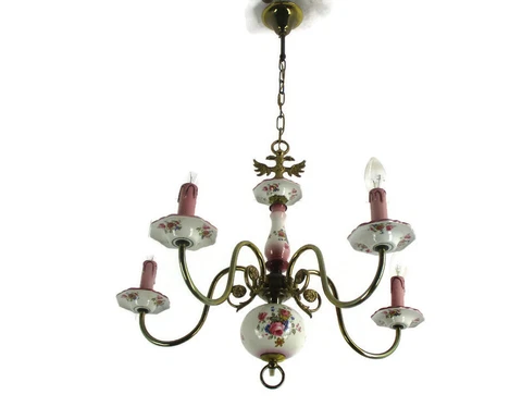 Chandelier 5 Arms Lights Ceramic Porcelain Brass Italian Style RomanticFlowers Cover