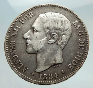 1884 SPAIN w King ALFONSO XII Antique Silver 5 Pesetas SPANISH Coin i74757 - Picture 1 of 3