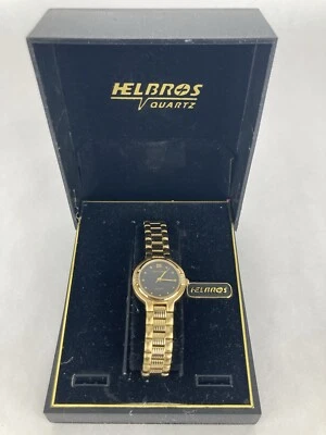 VTG Helbros 25mm Gold Black Dial Quartz Watch w/Bracelet & Battery - Image 1 of 4