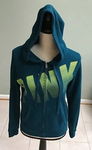 VS PINK JR WOMENS TEAL GREEN HOODED SWEATSHIRT JACKET W/LIME GREEN PINK LOGO SML - Picture 1 of 2