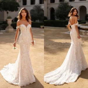 Elegant Lace Mermaid Wedding Dress Off The Shoulder Appliques Button Bridal Gown - Picture 1 of 7