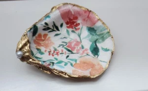 Oyster Shell Decorative Decoupage Trinket Jewelry Dish - Floral - Picture 1 of 2