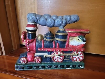 Tope de puerta de tren de Navidad de hierro fundido vintage pintado a mano locomotora tope de puerta VER Foto 1 de 4
