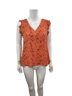 Blusa floral naranja sin mangas con volantes cuello en V talla S de Katherine Barclay para mujer Foto 1 de 4