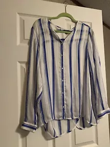 Ann Taylor lightweight blouse button Up shirt size 14 striped blue and white - Picture 1 of 6