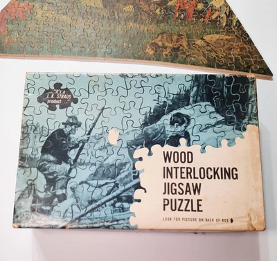 Quebra-cabeça de madeira vintage J.K. Straus #243 The Way Westward triangular década de 1950 - Imagem 1 de 4