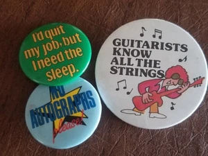 Guitarist Vintage 3 Button Lot 1980s Rock Star Funny Band Pinback Badges - Picture 1 of 4