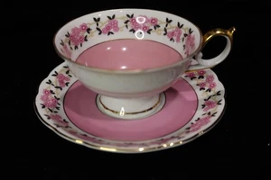 ROYAL BAYREUTH FOOTED CUP & SAUCER PINK FLOWERS GOLD TRIM GERMANY PERFECT - Picture 1 of 7