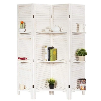 4 Panel Room Divider with Shelve, Folding Privacy Screens, Wood Divider for R... - Image 1 of 4