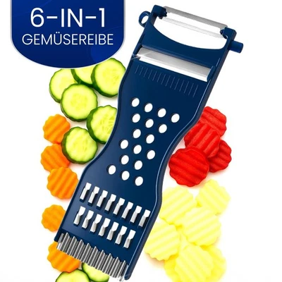Gemüsereibe 6-in-1 Sparschäler Raspel Wellenschneider julienne Entkerner Hobel - Bild 1 von 4