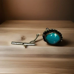 Vintage Sterling Silver w/ Turquoise Stone Tie Tac Signed RJ Native American - Picture 1 of 4