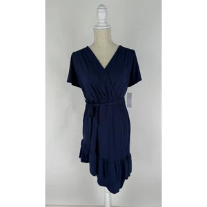 Loveapella Womens Navy Yasmeen Short Sleeve Surplice A Line Dress Size LP NWT - Picture 1 of 11