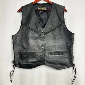 Hudson Leather Vest Biker Motorcycle Woven Lace Up Mens Genuine 48 Black Pockets - Picture 1 of 8