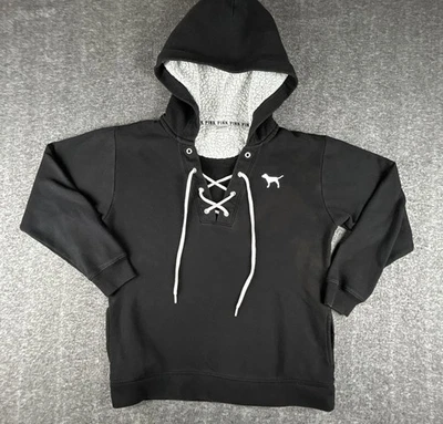 PINK Victoria's Secret Pullover Hoodie Womens Sz XS Black Lace-up Sherpa-Lined - Image 1 of 4