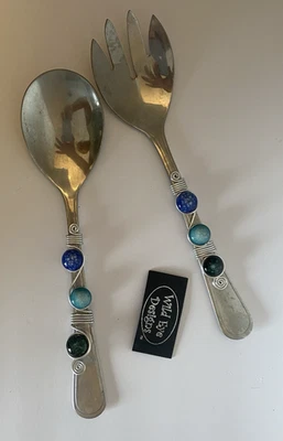 Wild Eye Designs stainless steel set of serving spoon and fork blue teal black - Image 1 of 4