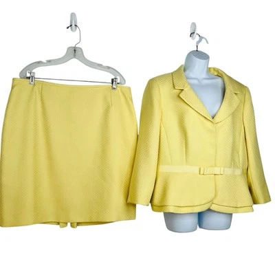 Tahari ASL Polyester Rayon Stretch Skirt Suit 18 Yellow Notch Collar Tiered - Image 1 of 4