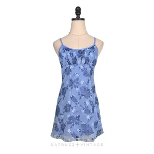 Vintage Mini Dress S Blue Floral 90s Y2K Milkmaid Mesh Sundress Slip Skater - Picture 1 of 9