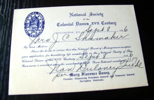1936 National Society Of Colonial Dames XVII Century Card J C Shumaker - Picture 1 of 3