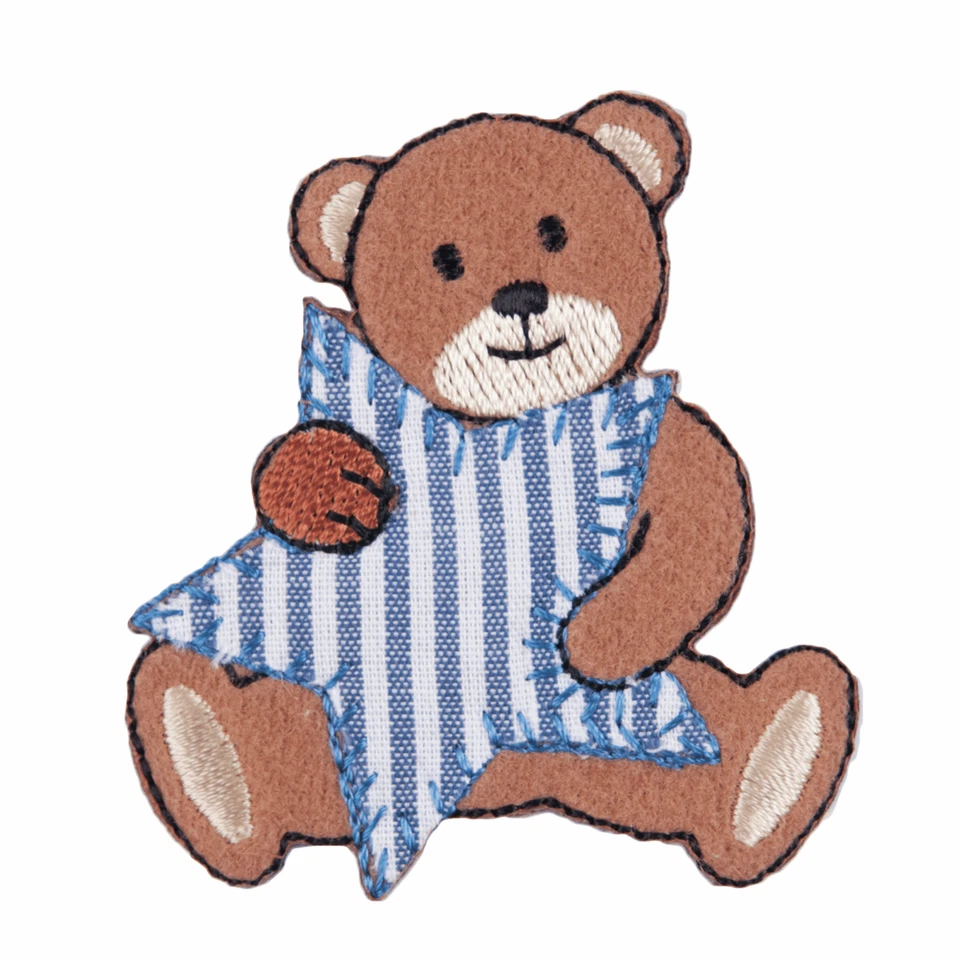 Teddy Bear with blue Star motif iron on or sew on  patch appliqué embroidery - Image 1 of 1