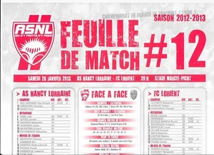 Feuille de match N°12 ASNL - FC Lorient (2012 - 2013) - Ligue 1 - Picture 1 of 1