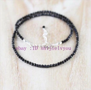 Schwarzer Turmalin 2x4mm klein rund facettiert Edelstein Halskette 18" S925 - Bild 1 von 4