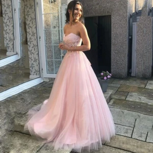 Strapless Pink Evening Dresses Appliques Backless Pleated Tulle Party Prom Gowns - Picture 1 of 13