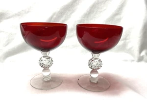 Two Morgantown Ruby Red 5" Champagne /Tall Sherbert Glasses w Golf Ball Stems - Picture 1 of 3