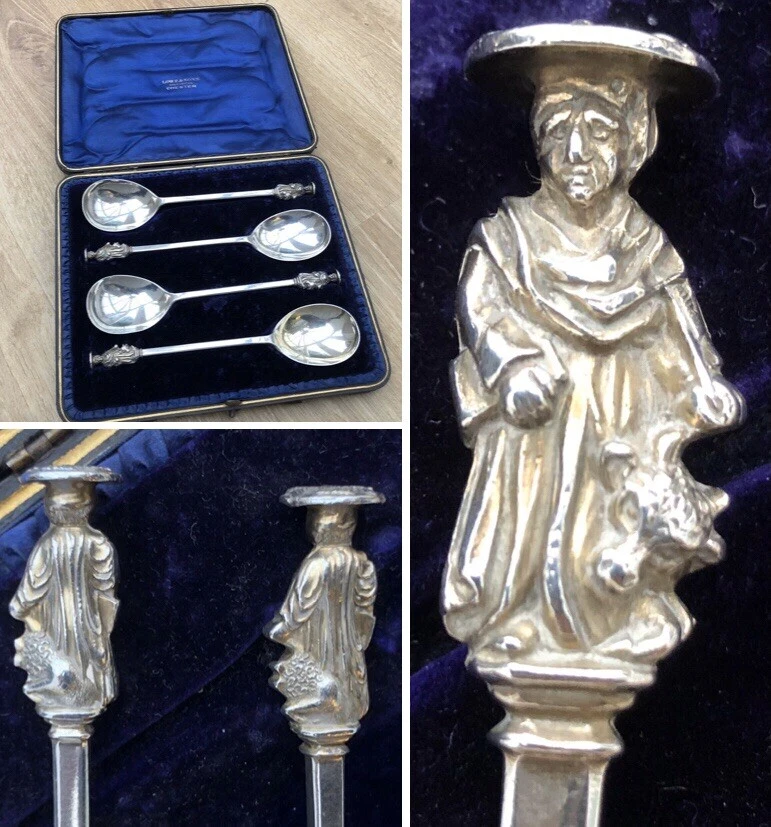 ANTIGUA CAJA PLATEADA JUEGO 4 CUCHARAS PARA SERVIR LG APÓSTOL LONDRES 1909 LOWE&SONS 294g 8’’’ Foto 1 de 4