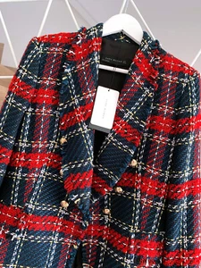A425 ZARA BLAZER GOLD BUTTONS TWEED CHECKED RED BLUE JACKET CHECK COAT - M - Foto 1 di 23