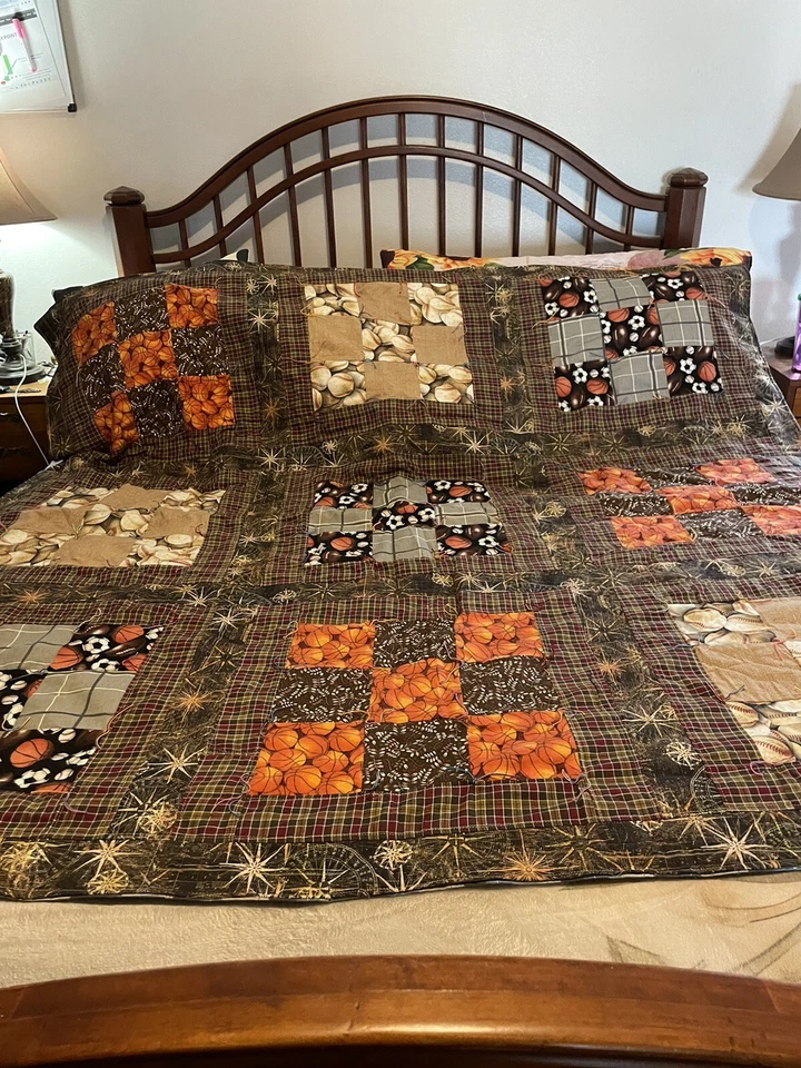 Handmaid sports quilt 60 x 62 baseball soccer basketball football Fall Colors - Image 1 of 4