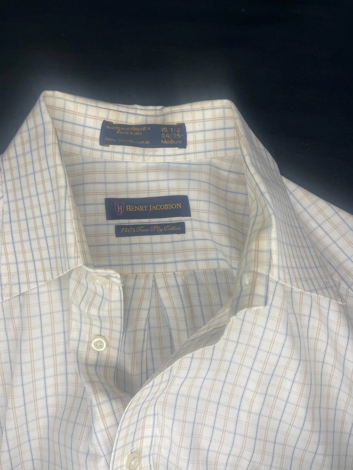 Camisa de vestir Henry Jacobson para hombre M 15,5 34/35 con botones azul/marrón a cuadros Foto 1 de 4