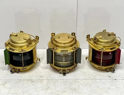 Lote de 3 luces de navegación vintage de latón montadas en poste de estribor para barco Foto 1 de 4