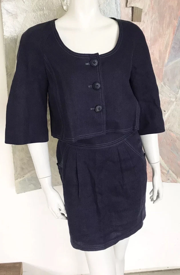Conjunto de 2 piezas de traje falda de lino azul marino oscuro Rebecca Taylor talla 2 Foto 1 de 4